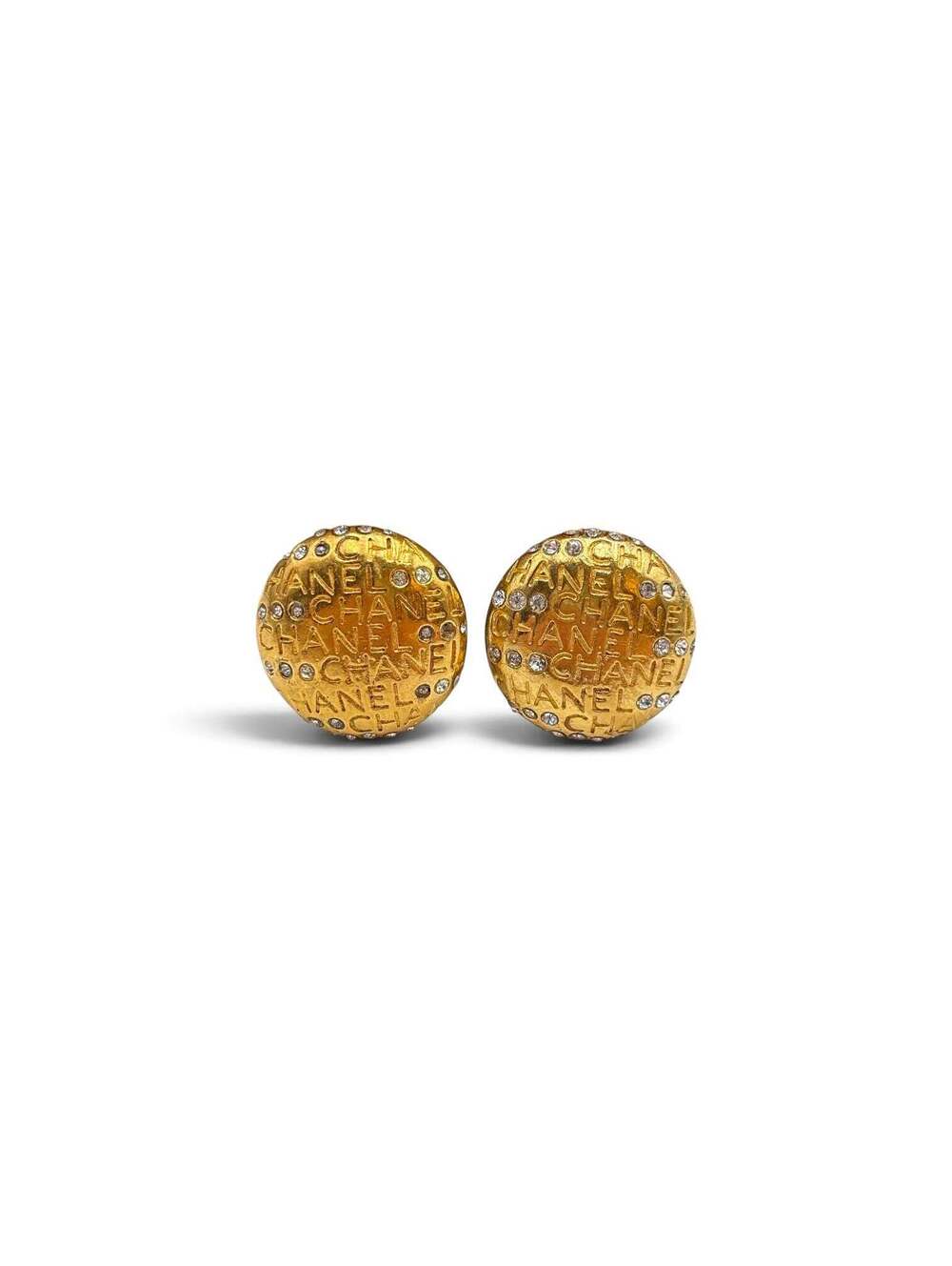 Chanel Gold-Tone Logo Mania Rhinestone Round Clip-On Earrings